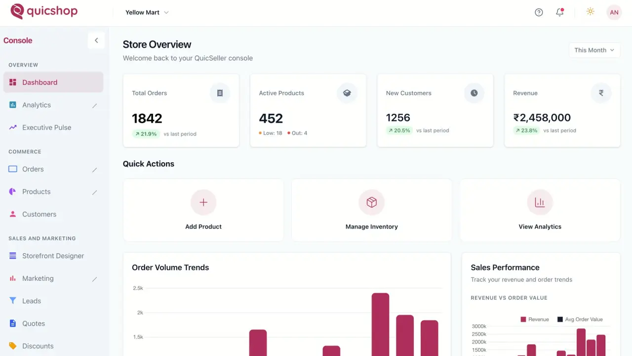 QuicShop Seller Console dashboard showing orders, revenue and analytics