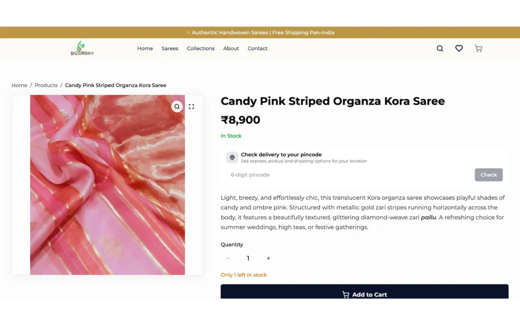 QuicShop storefront builder showing an Indian ethnic-wear store with an AI-generated product listing — title, HSN code and SEO ready