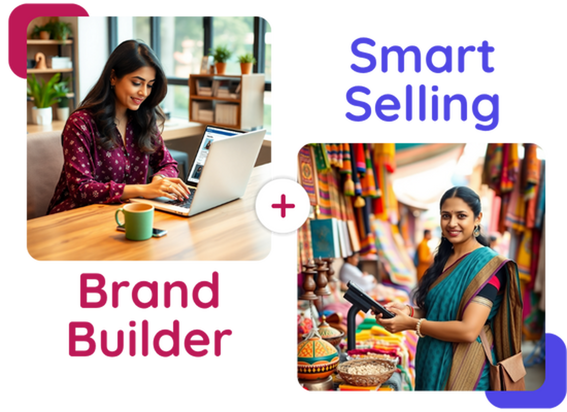 A Lady business owner using laptop and building a brand by selling online using quicshop d2c platform. Another business lady selling products in a flea market stall  and billing using modern smart interface as quicshop mobile PoS .