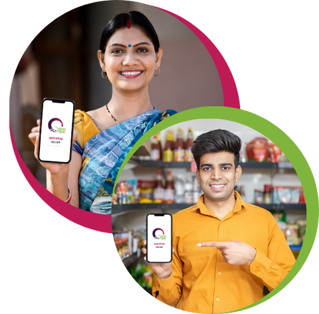 Indian shopkeeper using smartphone for billing, modern mobile POS interface, colorful Indian market background